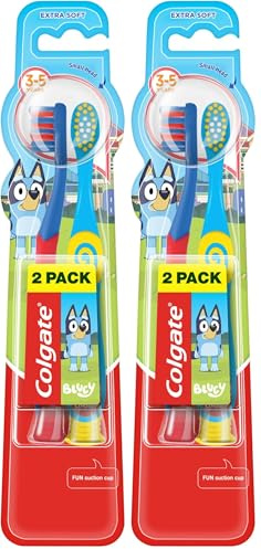 Colgate Kids Bluey Toothbrush 3-5 Years, Children’s Toothbrush x2, Small Brush Head for Easy Access, Extra Soft Bristles for Gentle Cleaning, Rounded Handle for Comfortable Grip (Pack of 2)