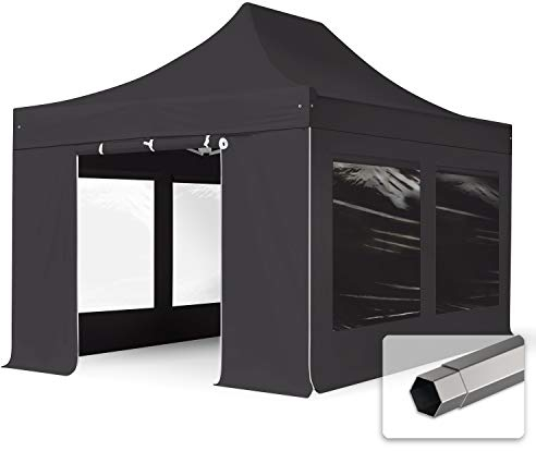 TOOLPORT Faltzelt Faltpavillon Pavillon 3x4,5m - mit 4 Seitenteilen (Panoramafenster) Premium Dach Partyzelt dunkelgrau