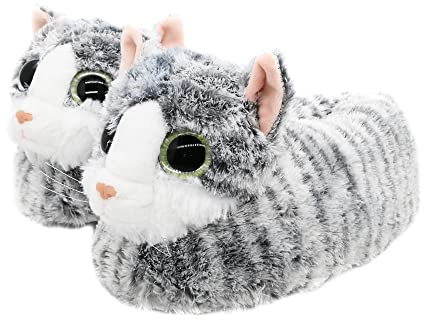 Onmygogo Pantoufles Fantaisie pour Femme enfants garçons filles en Forme Chat, Chaussons d'hiver en Peluche Adulte(grey,33-34 EU)