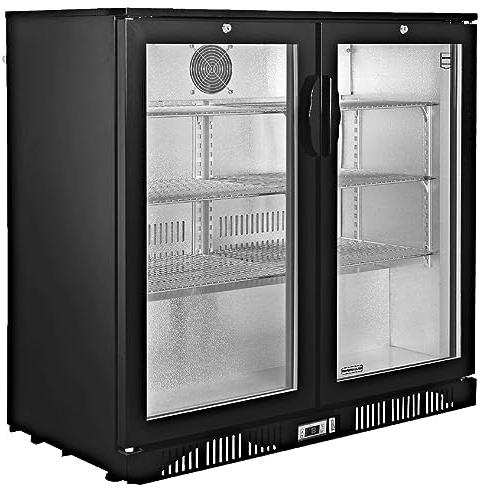 METRO Professional Getränkekühler GBC1002, Getränkekühlschrank mit 2 Glastüren, Flaschenkühlschrank mit 6 Einlegeböden, Energieklasse D, 160W, Temperaturbereich: 0 bis +10°C, 200 L, Schwarz