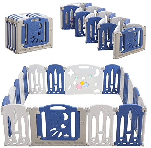 NAIZY Laufstall Baby 16+2 faltbar Laufgitter mit Spielzeugtafel & Türtafel Krabbelgitter Rutschfester HDPE Absperrgitter Spielzaun für Kinder Innen- und Außenbereich, Balu+Weiß