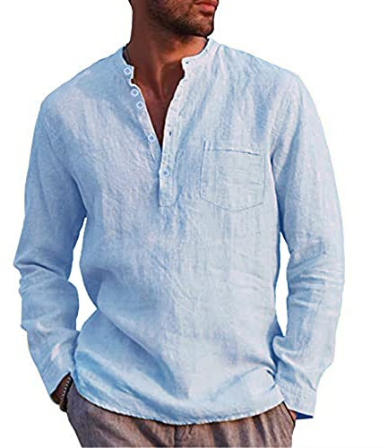 Kuulee Henley-skjorta, linneskjorta, vår, sommar, skjorta, långärmad, normal passform, fritidsskjorta, skjortor med ficka (återanvändbar förpackning), blå, L