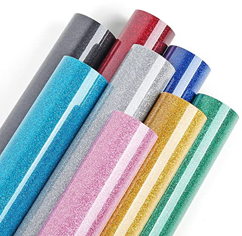 Lya Vinyl Glitzer Plotterfolie Textil, 8 Pack (30,5 cm x 25,5 cm) Glitzer Flexfolie Plotter Textil für Cricut, Silhouette Cameo, Textilfolie Plotter für DIY T-Shirt, Stoff