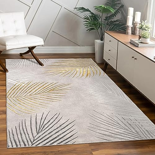 Paco Home Teppich Wohnzimmer Schlafzimmer Moderner Kurzflor glänzendes Palmen-Muster Florales Design Geometrisch Hoch-Tief-Effekt 3D, Grösse:120x160 cm, Farbe:Gold