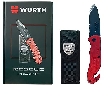 WURTH - Navaja de Rescate Plegable, Cuchillo Supervivencia de Bolsillo, Hoja de Acero Inoxidable Japones com Punta Rompevidrio y Cutter Cinturón, WURTH SPECIAL EDITION con Funda Cinturon y Estuche