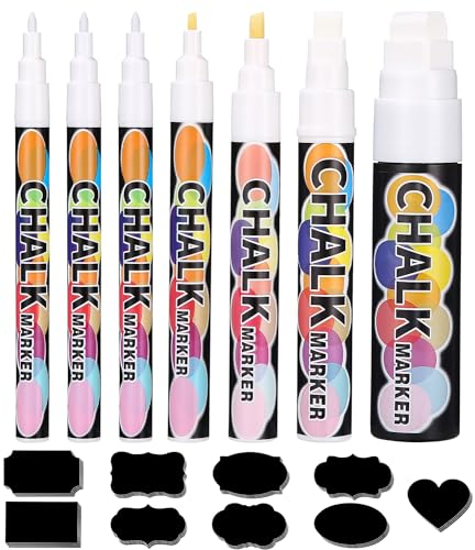 SOBEAU Trocken abwischbarer weißer Flüssigkreidestift,Weißer Kreidestifte für Fenster Tafel Abwaschbar,7 Stück Kreidestift Set und 48pcs Kreidetafel Labels(1mm,1mm,1mm,3mm,6mm,10mm und 15mm), BSYTB07