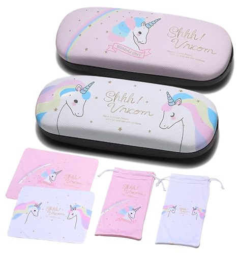 Guador Custodia per Occhiali, Unicorno Custodia Occhiali Rigida da Sole Astuccio Occhiali Rigido Scatola di Protezione di Occhiali con Sacchetto per Occhiali e Panno per Occhiali 2 Sets (Rosa+Bianco)
