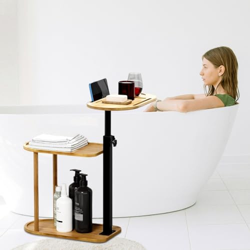Tavolino girevole per vasca da bagno a 3 strati, in bambù, regolabile in altezza, vassoio autoportante per vasca da bagno contro la parete, accessori per vasca da bagno e organizer da bagno per spa di
