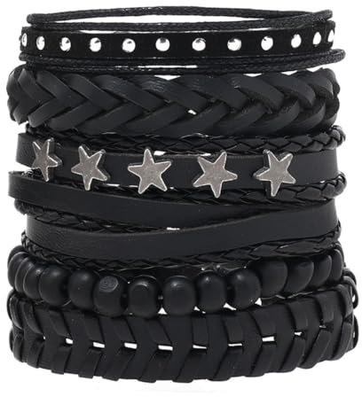 Minicoco 6 Pcs Leather Bracelet Star Black Braided Wide Wristband Women Men Punk Jewelry