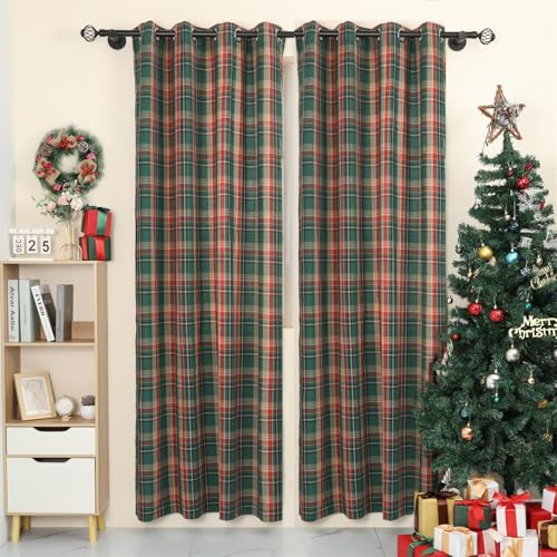 Moslovstar Tartan Curtains Set of 2 Classic Scottish Curtains Semi Blackout Grommets Top Machine Wash, Green and Red 52 W x 84 L