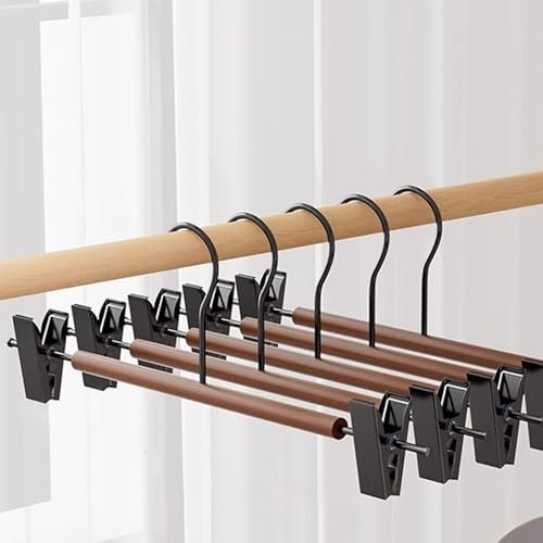10PCS Natural Wooden Trouser Hanger, Space Saving Skirt Hangers with Adjustable Clips, Heavy Duty Chrome Clothes Hangers Clothes Hook for Pants,Jeans (Walnut)