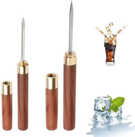 Eispickel, 2 Stück Eispickelwerkzeug, Edelstahl Eiszerkleinerer mit Holzgriff und Abdeckung, Eisspender für Küche, Bars, Barkeeper, Picknicks, Camping, Holzfarbe