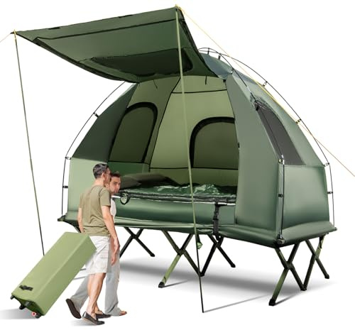 LDAILY Camping Tent Cot, 5 in 1 Off Ground Elevated Tent with Air Mattress, Sleeping Bag & Pillow, Folding Camping Cot Combo with Carrying Bag for Outdoor Hiking, RV, Picnic, Field Backyard (2 Person)
