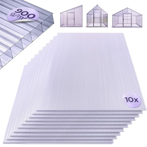 Arebos Plaques alvéolaires, jeu de 10 | 121 x 60,5 cm | Plaques en polycarbonate de 6 mm d'épaisseur | Résistantes aux UV | 900 g/m² | Transparentes | pour serre, abri de voiture, châssis de couche