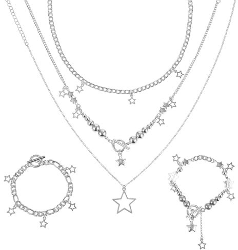 Bremorou Silver Star Necklace Chunky Y2k Jewelry Set Silver Star Bracelets Grunge Layered Necklace, Cute Aesthetic Stack Toggle Chain Necklaces, Y2k Gothic Jewelry Set For Women