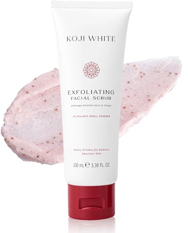 Koji White Exfoliating Facial Scrub, Gentle Face Wash with 1% Walnut Shell Powder, AHA, Kojic Acid Dipalmitate & Hyaluronic Acid | Hydrating, Unscented, Vegan, 100ml (3.38 Fl Oz)