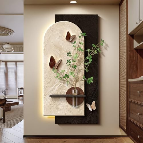HDZNDH Decoración De Pared 3D Con Luz LED, Cuadro De Piedra Arenisca Con Plantas Verdes Y Mariposas, Mural Con Plantas Artificiales Y Jarrón De Cristal, Para Salón Dormitorio Oficina Entrada