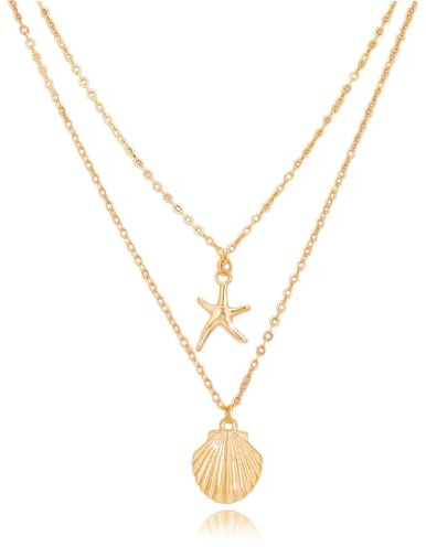 EKKONG Collier Pendentif Coquillage et Étoile de Mer, Chaîne Coquillage Réglable, Colier Fantaisie, Collier Ras de Cou Élégant, Bijou Bohème pour Femme Filles d'Été Vacances à la Plage Cadeaux (Doré)