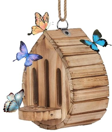 Casa de mariposas de madera para jardín, hábitat en forma de lágrima para abejas y mariposas con cuerda colgante, bandeja de agua, decoración de estación de alimentación al aire libre