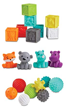 Infantino Sensory Balls Blocks & Buddies - 20-tlg. Set zum sensorischen Entdecken, der Entwicklung der Fein- und Grobmotorik & der frühen Einführung in Farben, Zahlen & Sortieren – Ab 0 Monaten
