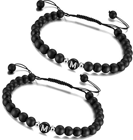 2 x Personalisierte Namensarmbänder für Pärchen| Partnerarmbänder echtem Naturstein onyx Armbänder | Perlenarmband | individueller Schmuck A-Z, Freundschaftsarmband Paar Geschenk Variation #2