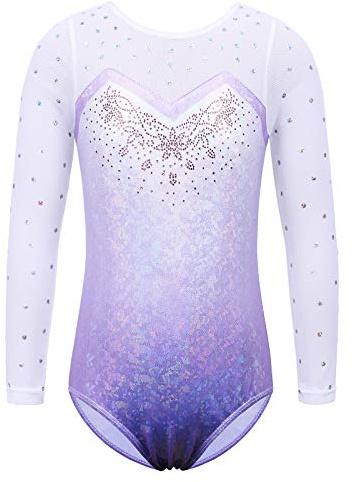 ZNYUNE Fille Justaucorps de Gymnastique avec Paillettes Manches Longues en Tulle