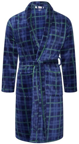 Adore Home Mens Soft Warm Flannel Fleece Bathrobe Dressing Gown Shawl, Check Blue, L-XL
