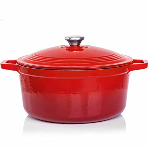 Casseruola in Ghisa Smaltata VeoHome Rosso 6L Ø28cm, Cocotte Ultra Resistente, Pentola Compatibile Induzione/Gas/Forno, Cottura Omogenea, Fornello Sapori Autentici, Coperchio a Rilievo