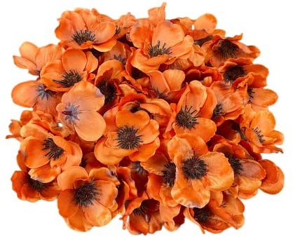 100 teste di fiori artificiali in seta con papavero e papavero finto autunno, riempitivi per vasi, corsetti per decorazioni nuziali, ghirlande per torte, teste di petali da 7 cm (arancione)