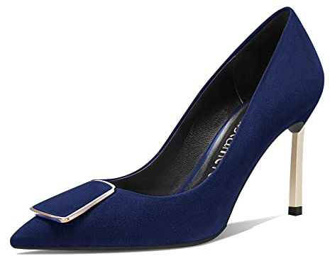 Castamere Femmes Aiguille Haut High Talon Heel Fermé Pointu Bout Escarpins Slip-on Party Bureau Dress Cute Classique Chaussures 8.5 CM Heels Bleu Marin 38 EU