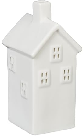 Relaxdays Casetta Portacandele in Ceramica, Casa Luminosa Porta-Tealight, per 1 Candelina, HLP: 14 x 6,5 x 7 cm, Bianco