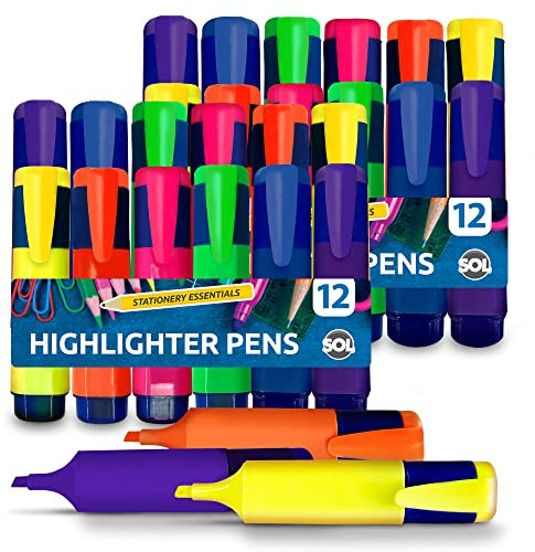 SOL 24pk Highlighter Pens for Creative Projects, Bright Fluorescent Ink Highlighters Marker Pens for Office & Study Use, Non-Bleed & Quick Drying Ideal for Planners, Diaries & Highlighting Key Points