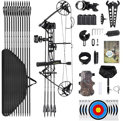 Lanneret P2 Compound Bow Package Fully Adjustable for Youth & Kids，22.5-30 Draw Length,10-50 Lbs Draw Weight,Hunting Bow Archery Set Right Handed，Limbs Made in USA