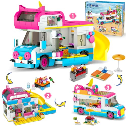 CUBIMANA - Juego de construcción de Coche de Gato 3 en 1, Furgoneta Camper y camión de Helados para niñas, autobús Urbano, Juguetes de construcción con tobogán y Pegatinas, Regalos para niñas y niños
