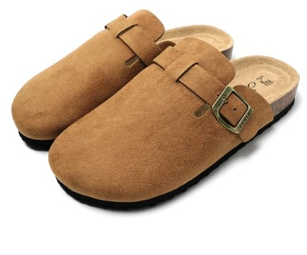 JOMIX Chaussons Sabots Femme en Daim avec Boucle Élégant Pantoufles Sandales à Semelle en Liège Confortable pour Intérieur et Extérieur MD2438 (Kaki, 38)
