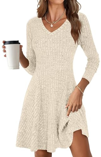 ROFUSSO Vestido de Punto de Manga Larga para Mujer Vestido de Otoño con Cuello en V Invierno Suéter de Punto Vestido Midi Vestido Casual hasta la Rodilla(Albaricoque,XL)