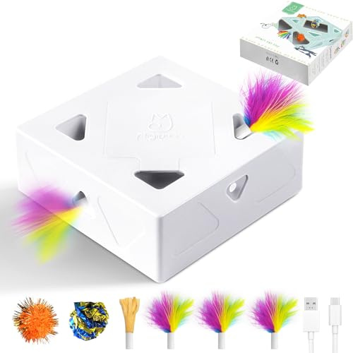 Migipaws Giocattoli per gatti, topi automatici interattivi a 7 fori MigiBox, giocattolo intelligente ultra divertente per gatti da interno, ricaricabile tramite USB, 4 ricariche di piume (Versione 2)