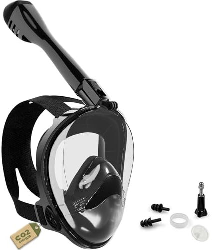 Schnorchelmaske Erwachsene Vollgesichtsmaske – CO₂ sicher Wasserdicht & Beschlagfrei Tauchmaske mit Kamera Halterung – Tauchermaske mit Tragetasche & Ohrstöpsel (Ganz Schwarz, S/M)