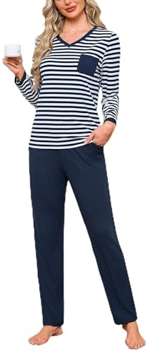 Terecey Ensemble Pyjama Femme Long en Coton Vêtements de Nuit Haut Rayé avec Poche et Pantalon Tenue de D'Intérieur Femme pour Dormir et Détente à la Maison, Bleu Marine, XL