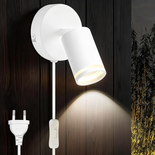 Vägglampa med strömbrytare och kontakt, LED-sänglampa, vit vägglampa, roterande 350° + 90° väggbelysning inomhus, dimbar trådlös vägglampa för sovrum, vardagsrum, kontor, lampa ingår inte