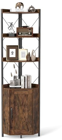 CASART 6-Tier Corner Shelf, Freestanding Bookcase with Door Cabinet & Anti-Tipping Kits, Wooden Tall Display Shelf Industrial Narrow Bookshelf for Living Room Bedroom (Rustic Brown, 38 x 38 x 180cm)