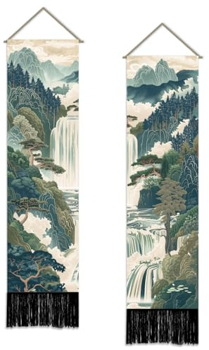 SUPERDANT 2 Piece Waterfall Forest Tapestry Set Wall Decor Eastern Zen Philosophy Long Tapestry for Wall with Hanging Accessories Nature Inspired Vertical 130x33cm