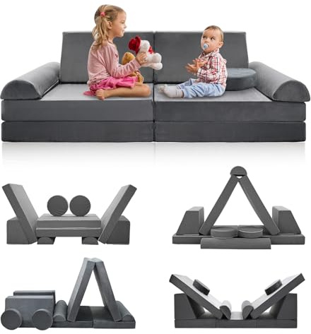 Meulbaty Spielsofa für Kinder,Kindersofa aus 10 Schaumstoff Bausteine, Flexibel Kombinierbare Kinder Couch Modulares Spielsofa zum Spielen, Kreativsein, Schlafen(120CM)
