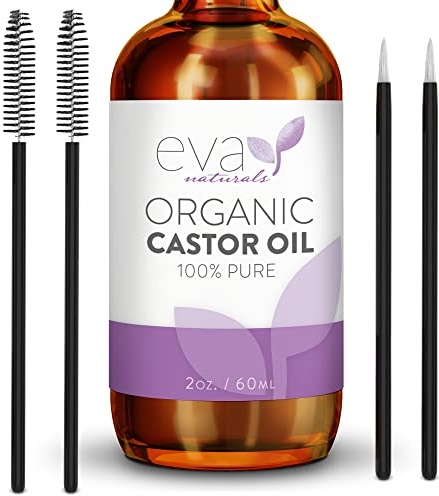 Eva Naturals Castor Oil (2oz) – Cold-Pressed for Hair, Lashes, Brows, Skin & Scalp – 100% Pure Castor Oil with Vitamin E for Eyelash & Brow Care, Hair Conditioning & Facial Serum, 60ml