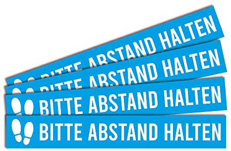 4 Fußbodenaufkleber Abstand halten | 80x12cm | stabile Folie mit UV-Schutz | Schutzlaminat Rutschhemmung R11 nach DIN 51130 | 4er Set | Bitte Abstand halten blau | Dreifke®