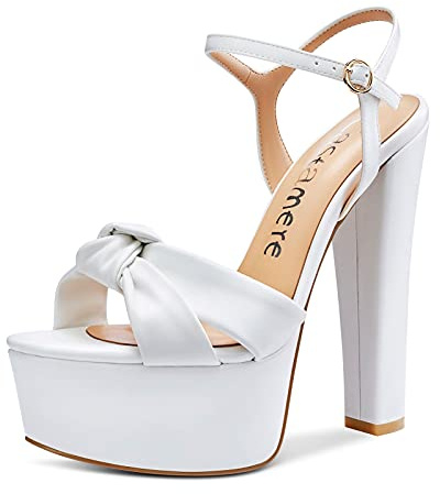 Castamere Femme Bout Ouvert Mode Sandale Plateforme Bloc Talons 15CM High Heels Blanc Mat Chaussures EU38