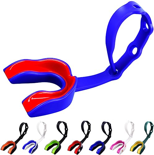 Oral Mart Blue/Red Strapped Youth Mouth Guard for Kids - Sports Mouthguard with Connected Strap for Football, Ice Hockey, Lacrosse, Taekwondo
