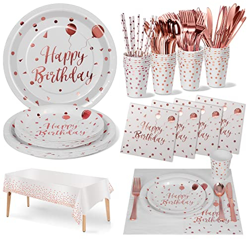 Nkaiso Partygeschirr Kindergeburtstag,20 Gäste Rotgold Partygeschirr Party Set mit Pastell Becher Servietten Tischdecke Pappteller Geburtstag Mädchen Geburtstagsdeko für Party Geburtstag