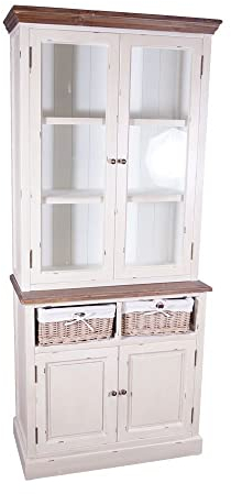 Landhausmöbel Vitrinenschrank Marseille Buffet Holz Glas 2 Schubladen Vintage Look Creme weiÃŸ - Landhaus