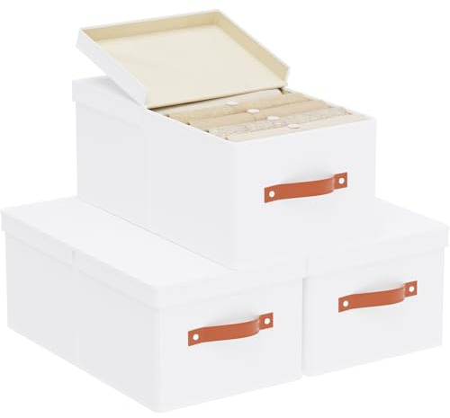YheenLf 3 Pezzi Scatola con Coperchio Rimovibile, 47×28×20cm Organizer Armadio Cassetti, Salvaspazio, Contenitori con Maniglia, Scatole per Vestiti da Letto a Casa, Bianco